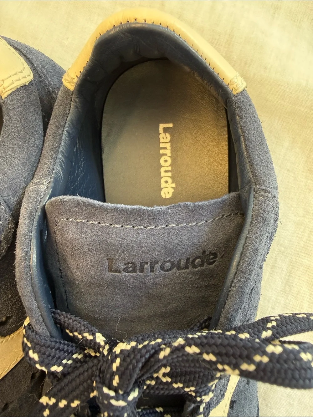 Larroude Stella Sneaker In Navy Suede and Ivory Leather